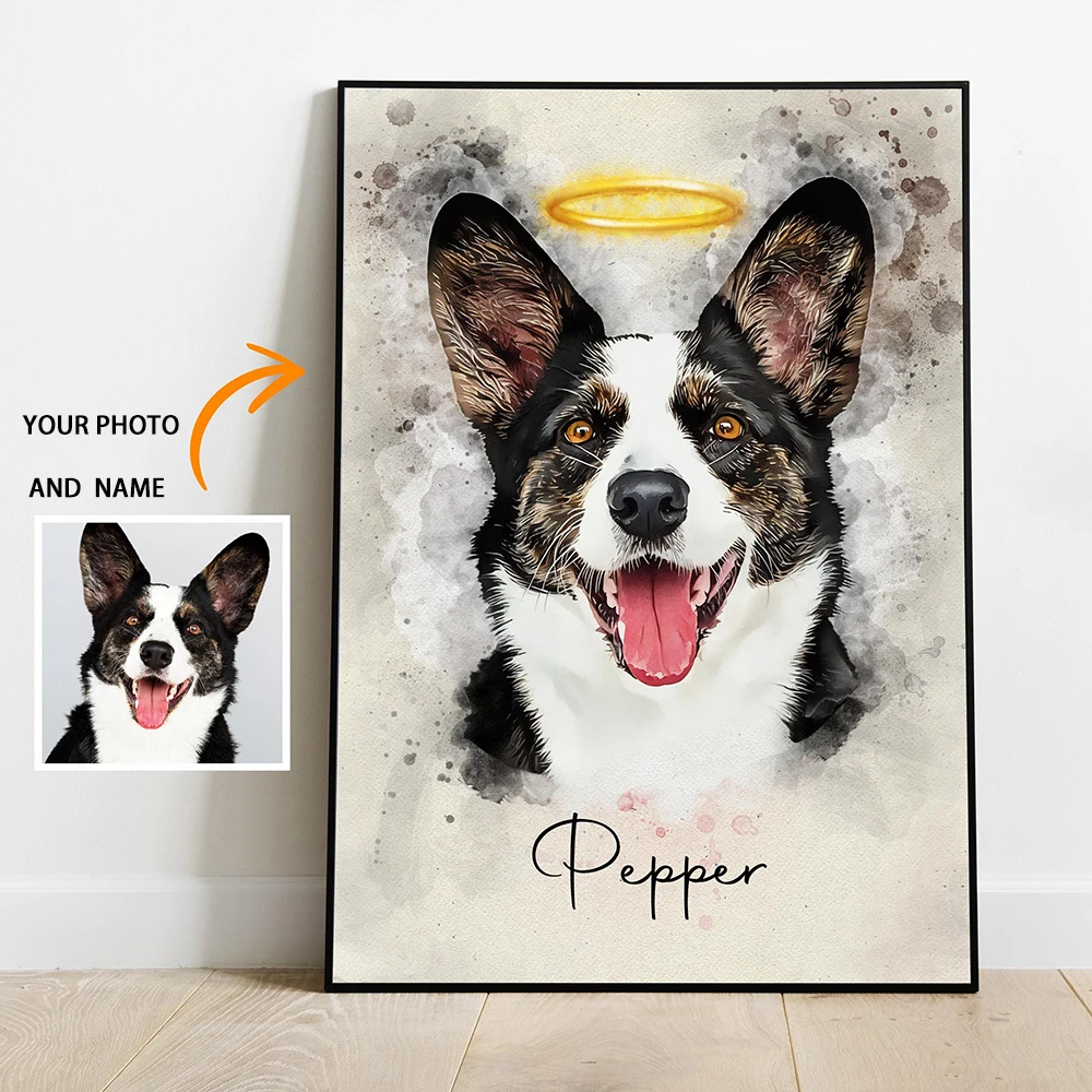 Personalized Pet Portraits Photo Name Custom Dog Cat Painting Gift Decor Memorial Decorative Wall Art Custom Canvas Print Poster