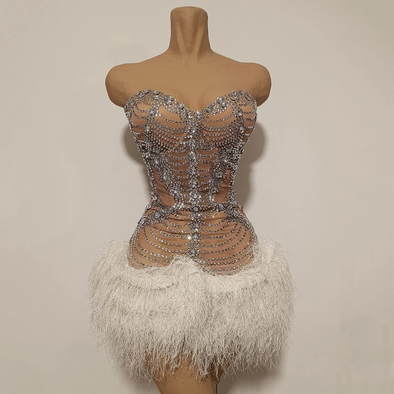 Vrouwen Strass Feestjurk Jazzdans Veren Jurk Zanger Party Prestaties Festival Outfit Podium Vieren Slijtage XS10755