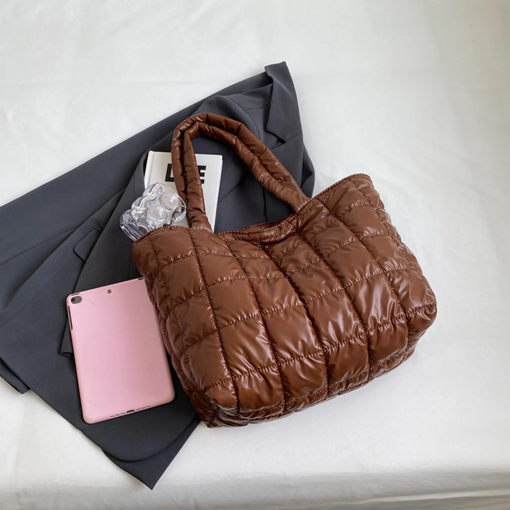 

Women Girls Winter Shoulder Bag Zipper Closure Plain Check Bag Gloss Surface Cloud Bubble Bag Basic Style for Shopping Traveling