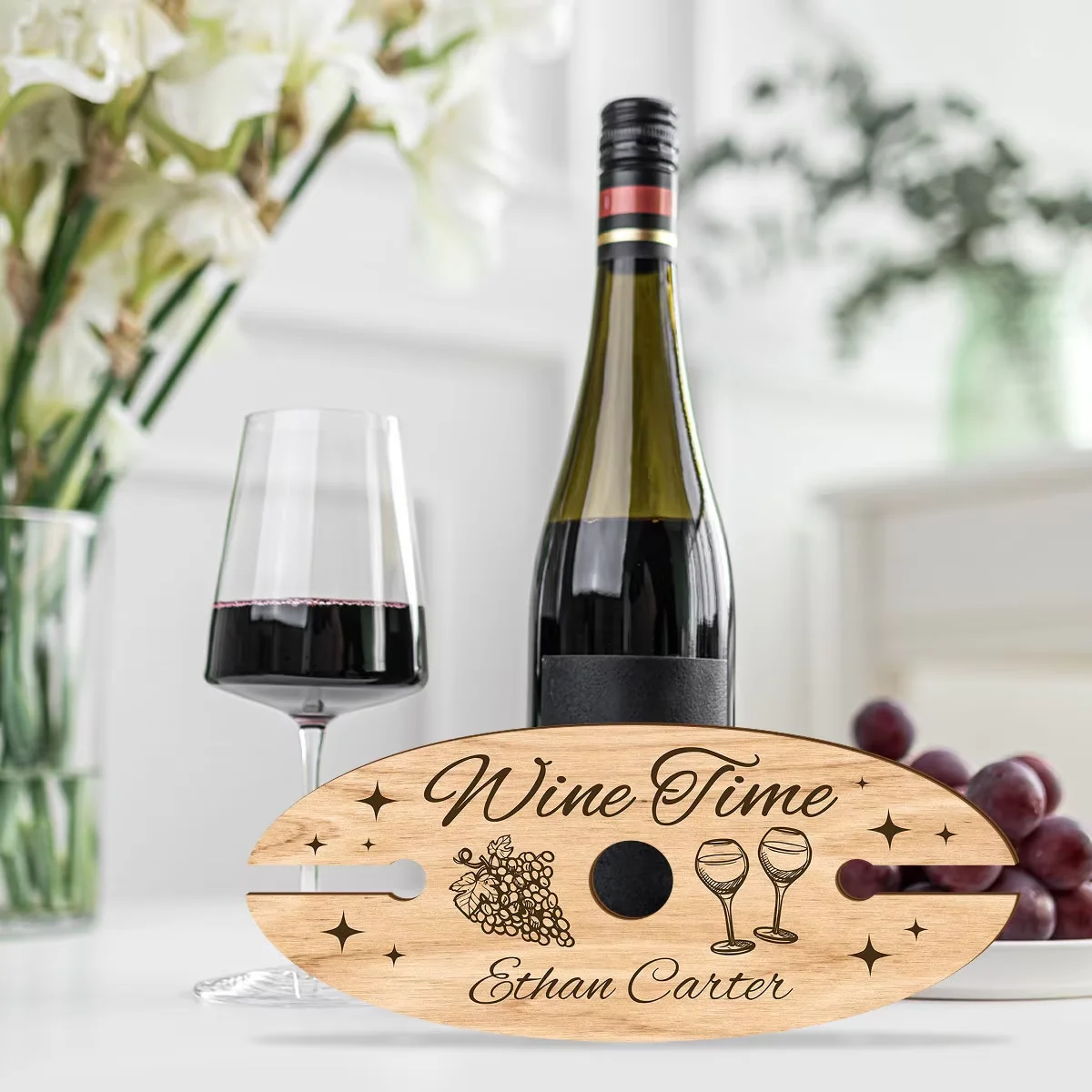1PC Customizable Recycled Wood Wine Glass Holder with Elegant 'Wine Time' Design for Home Bar Personalized Name/Text Engraving