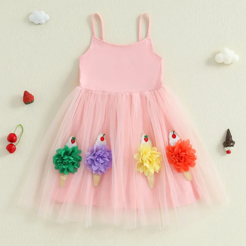 RUEWEY 1 to 6 Years Kids Girl Tulle Dress Summer Clothes Sleeveless Scoop Neck Ice Cream Embroidery Toddler A-Line Dress