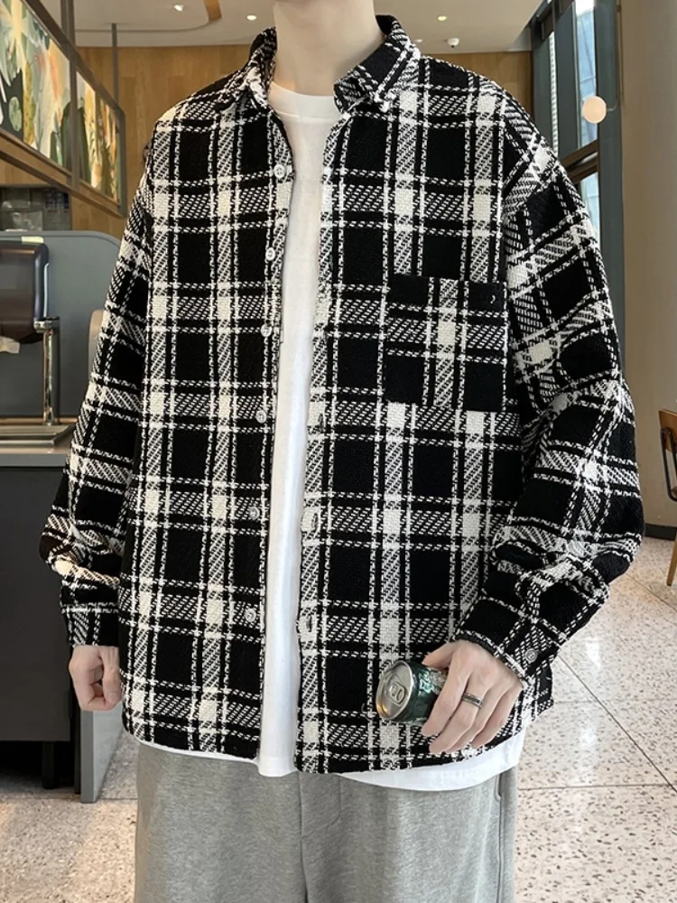 

American Retro Plaid Shirt Men's Long Sleeve Handsome Fragrance Style Spring Outerwear Casual Loose Fit Youthful Trend
