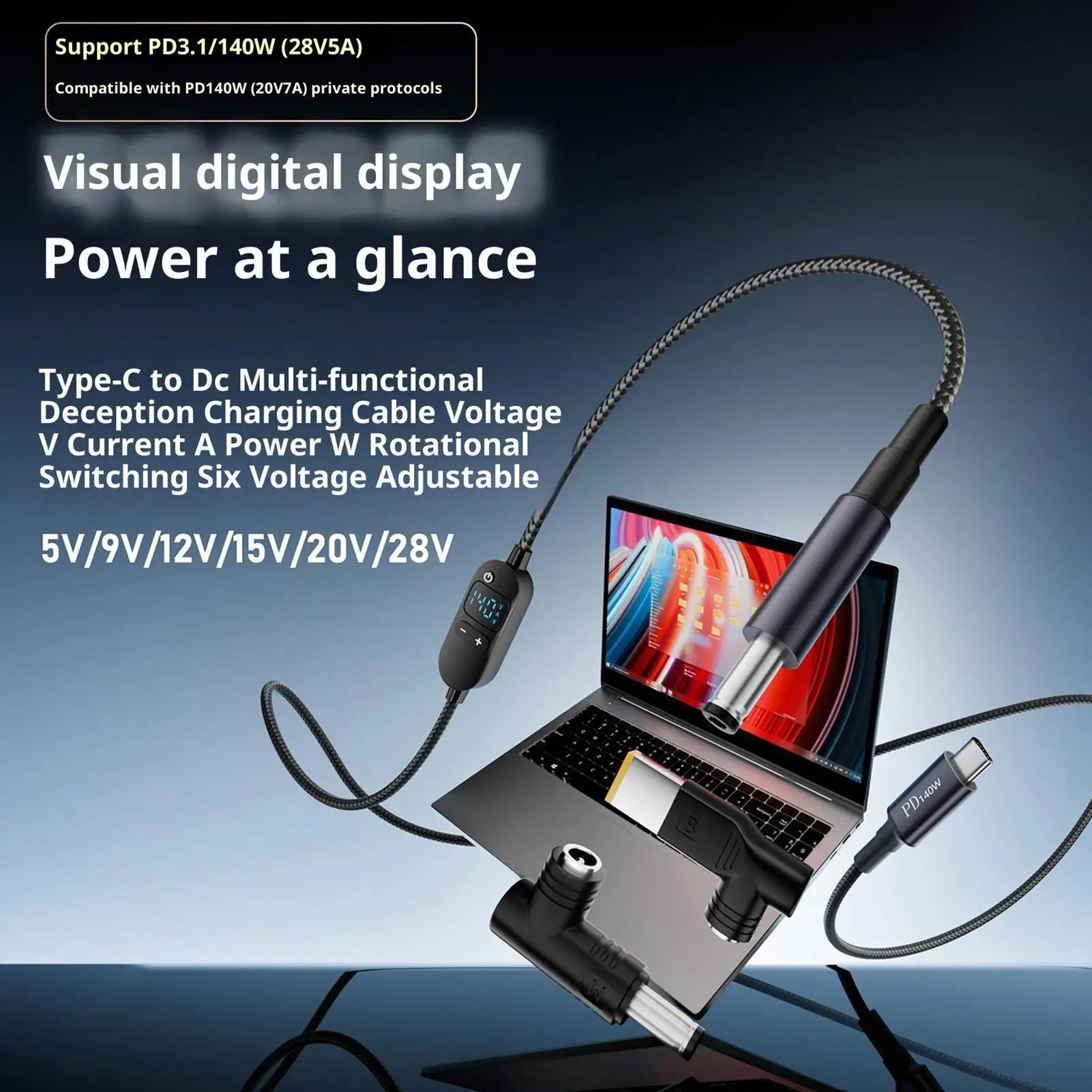 Type C Cord Adjustable Voltage Adapter Extension with Display DC Jack Cable for Laptop Led Strip Light Camera Router Small Fan