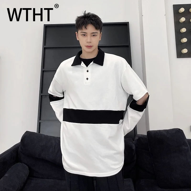 

WTHT модные мужские полосатые футболки контрастного цвета, модные осенние свободные топы с длинными рукавами и лацканами, мужские 2A2105
