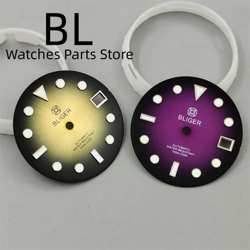 BLIGER 29mm Watch Dial Sunburst BLack Bronze Gradient Black Purple Dial With Green Luminous Fit NH35 Movement For 3/3.8 Crown