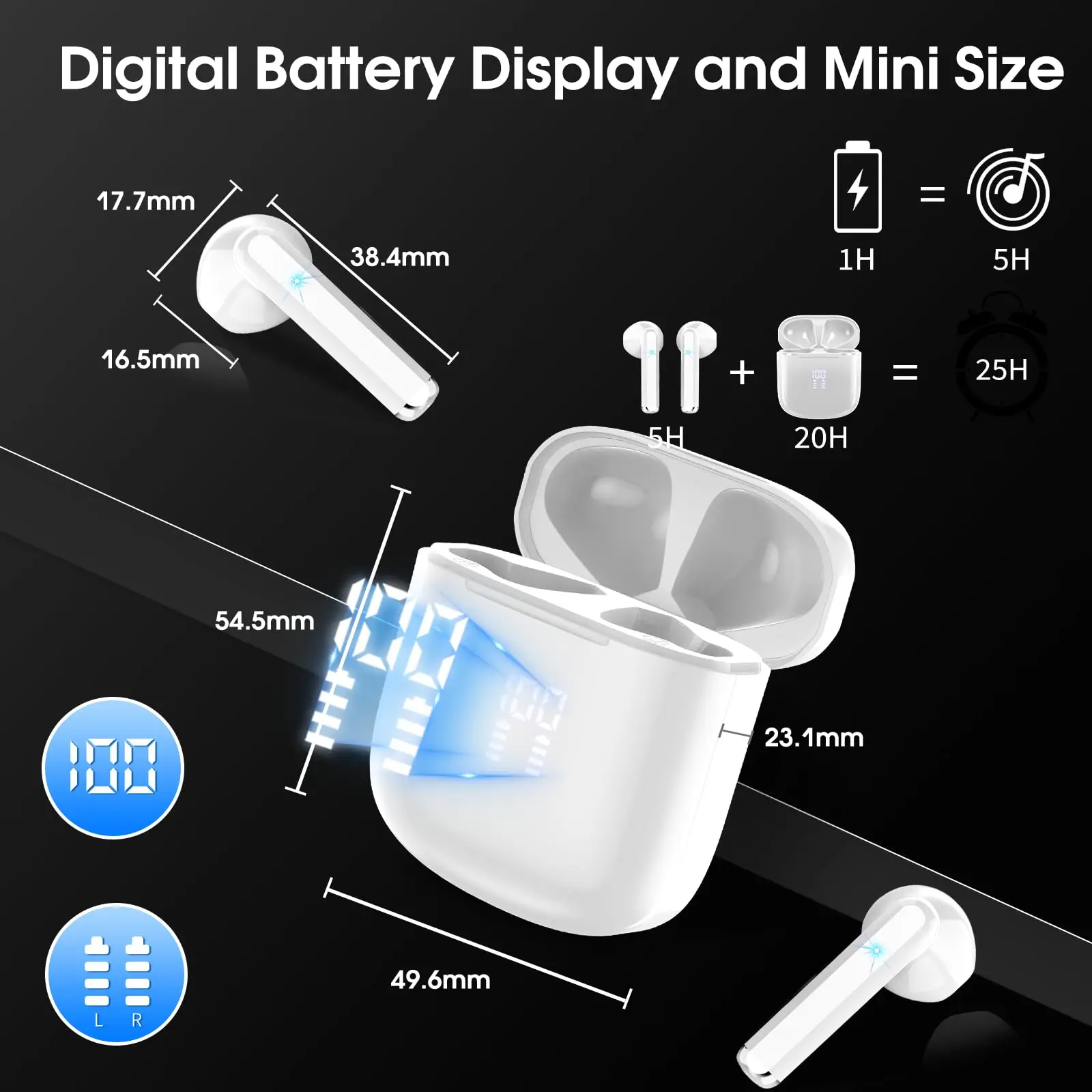 TWS Kabellose Ohrhörer Mini Bluetooth 5.3 HD Stereo ENC Geräuschunterdrückung Mikrofon 25 Stunden Spielzeit IPX7 Wasserdicht Touch-Steuerung In-Ear.