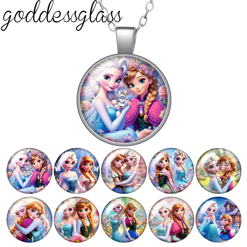 Pricess Winter Elsa Anna Sister Love Girls Round Photo Glass Cabochon versilbert/Bronze/Kristall Anhänger Halskette Schmuck Geschenk