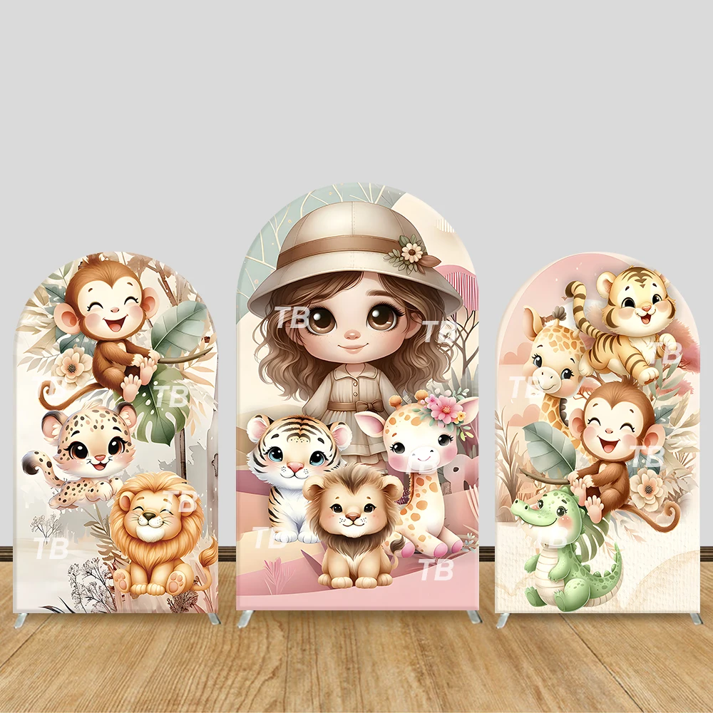 

Pink Jungle Explorer Arch Backdrop Cover Cute Animal & Girl Safari Theme Kids Party Decor Photo Booth Background Supplies