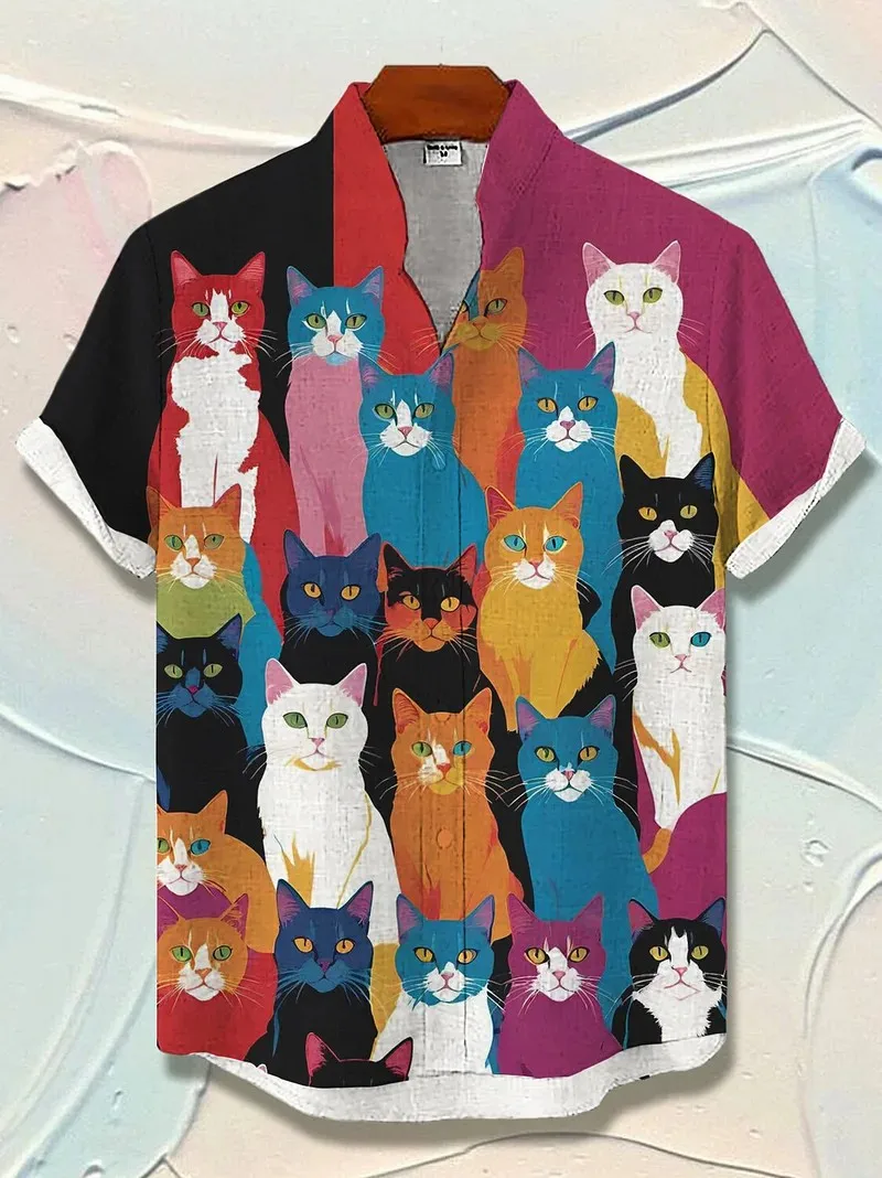 

2026 Fashion Hawaii Summer Cat Pattern Loose Short Sleeve Vacation Casual Men's Button Up Shirt