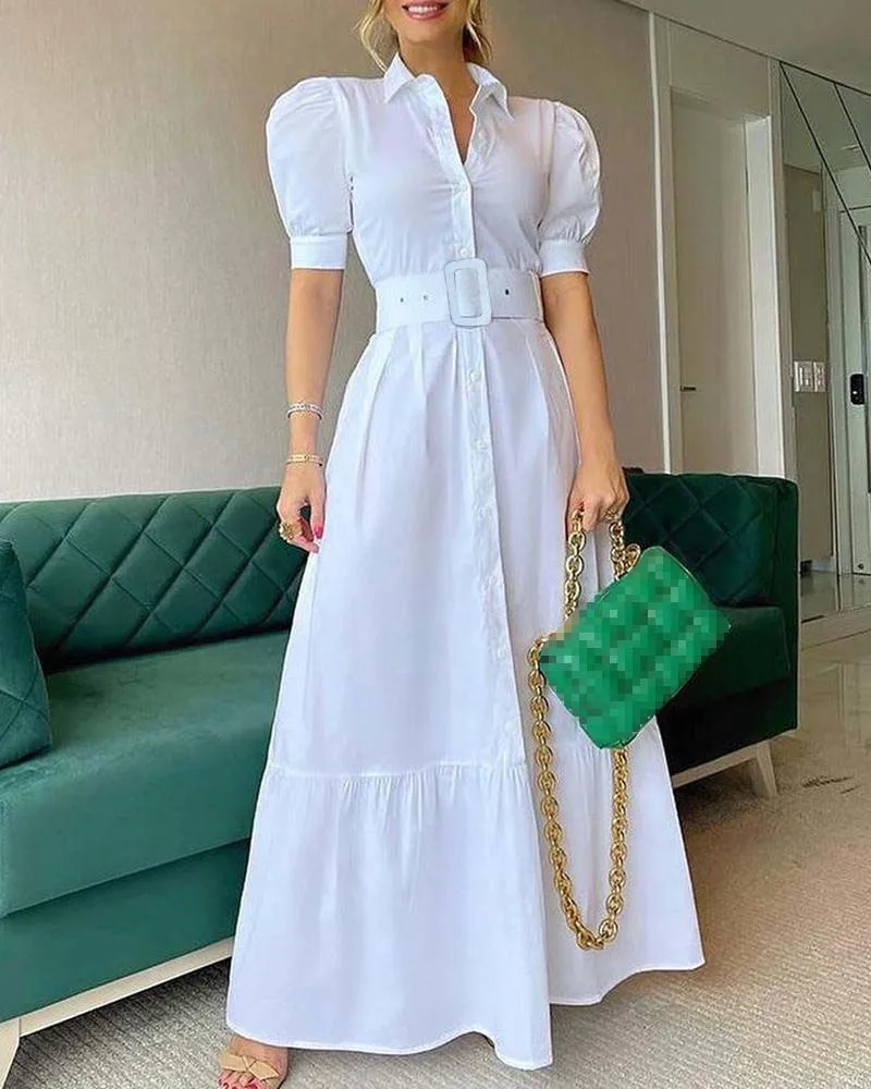 Party Belt Dresses For Women 2025 Spring Summer Fashion Elegant Stripe Print Short Sleeve Long Dress Lady High Waist Shirt Dress