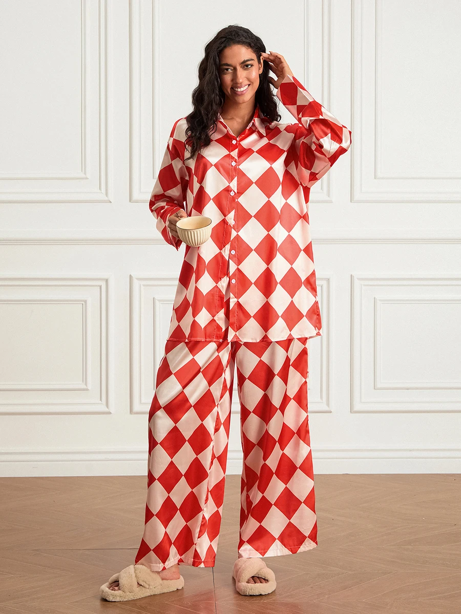 ผู้หญิง Checkerboard พิมพ์ Loungewear ชุดแขนยาวปุ่มลงเสื้อแขนยาวชุดนอนขนาดใหญ่