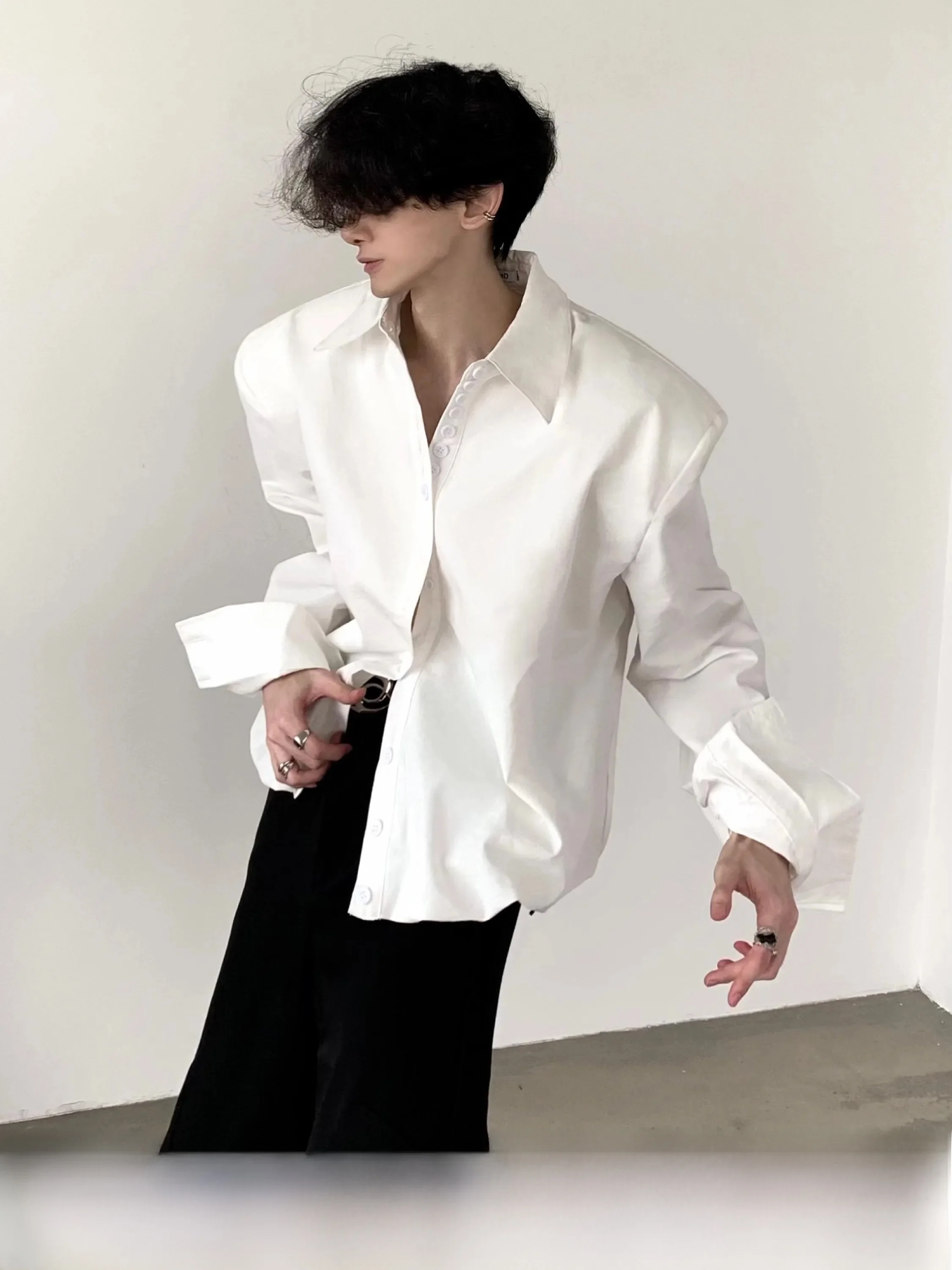Autumn Mountain Wind Oversize Shoulder Padded Bone Thin Men's Shirt High Design Cool White Shirt Loose Fit Long Sleeve Sharp ...