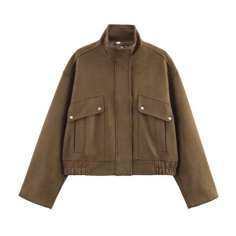 Popular Foreign Trade European and American Women's Clothing Fashion Loose Zipper Decoration Stand-up Collar Suede Jacket 2026