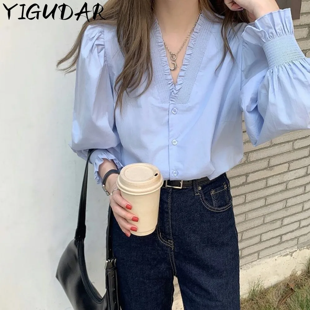 

French Vintage niche v neck stringy selvedge Women's Knit Long Sleeve Top Women Puff Sleeve Blouse Tee Shirt Korean Fashion