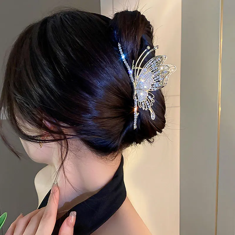 Clip de Mariposa Negra de Metal con diamantes de imitación, Cabeza trasera de tiburón, tocado grande, accesorio para el cabello de temperamento de alta gama, nuevo