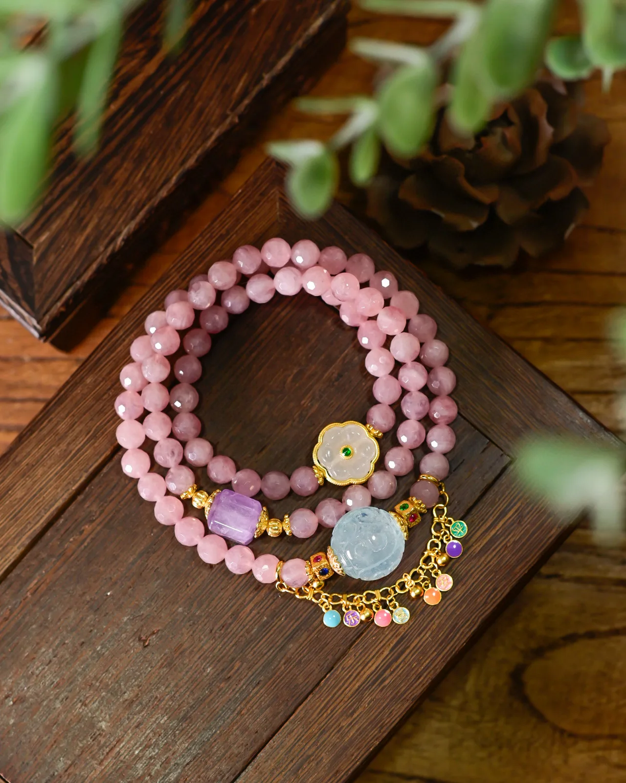 

Natural Rose Quartz Faceted Bracelet with Aquamarine 'Huiwen' Beads Hetian Jade Charms, Love-Attracting Sterling Silver Jewelry