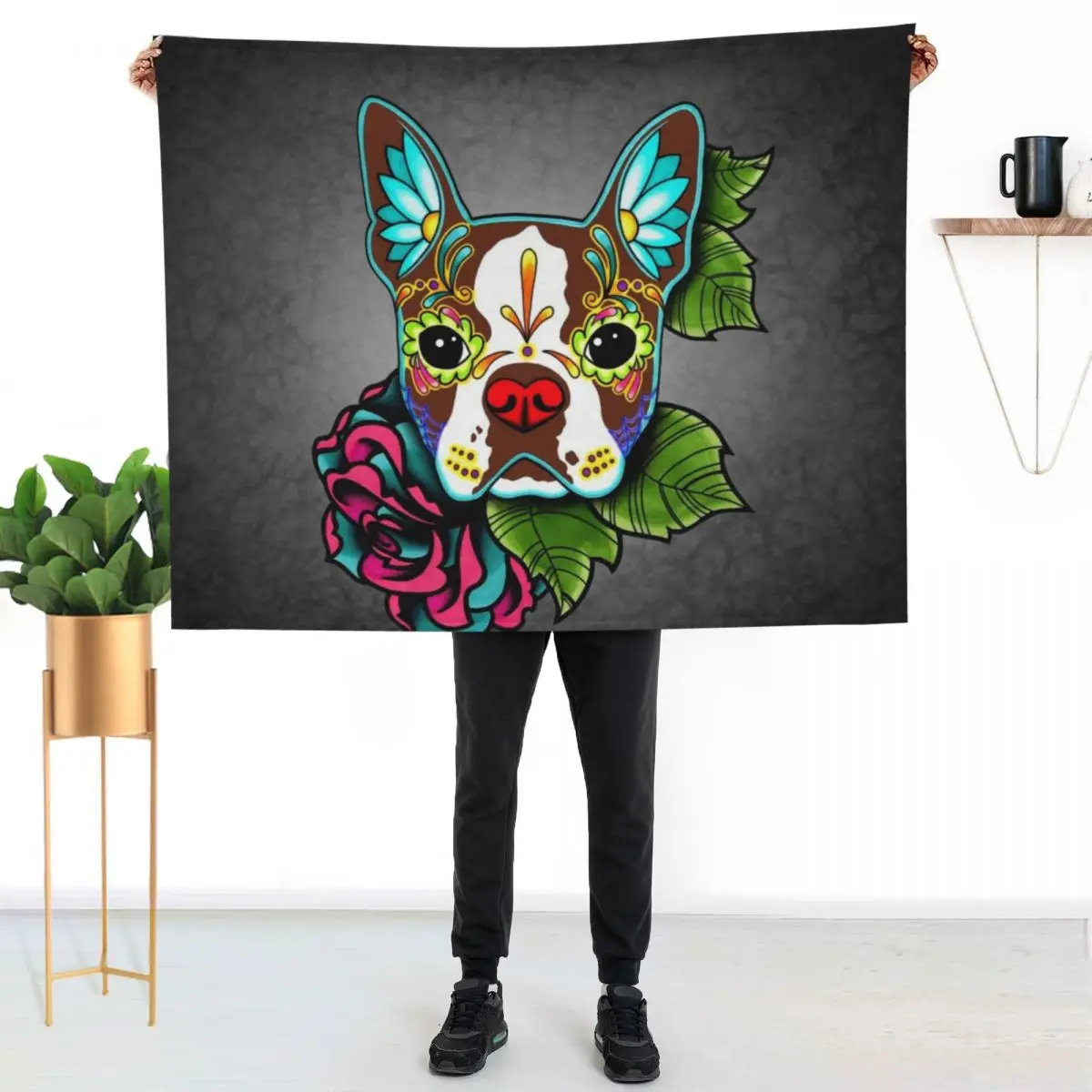 Boston Terrier in Red - Day of the Dead Sugar Skull Dog Throw Blanket Thin Furry Custom Kid'S Blankets