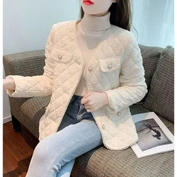 Korean Fashion New Coats Autumn Winter Women Solid V-Neck Thin Lingge Embroidered Flare Button Elegant Long Sleeve ParkasTops