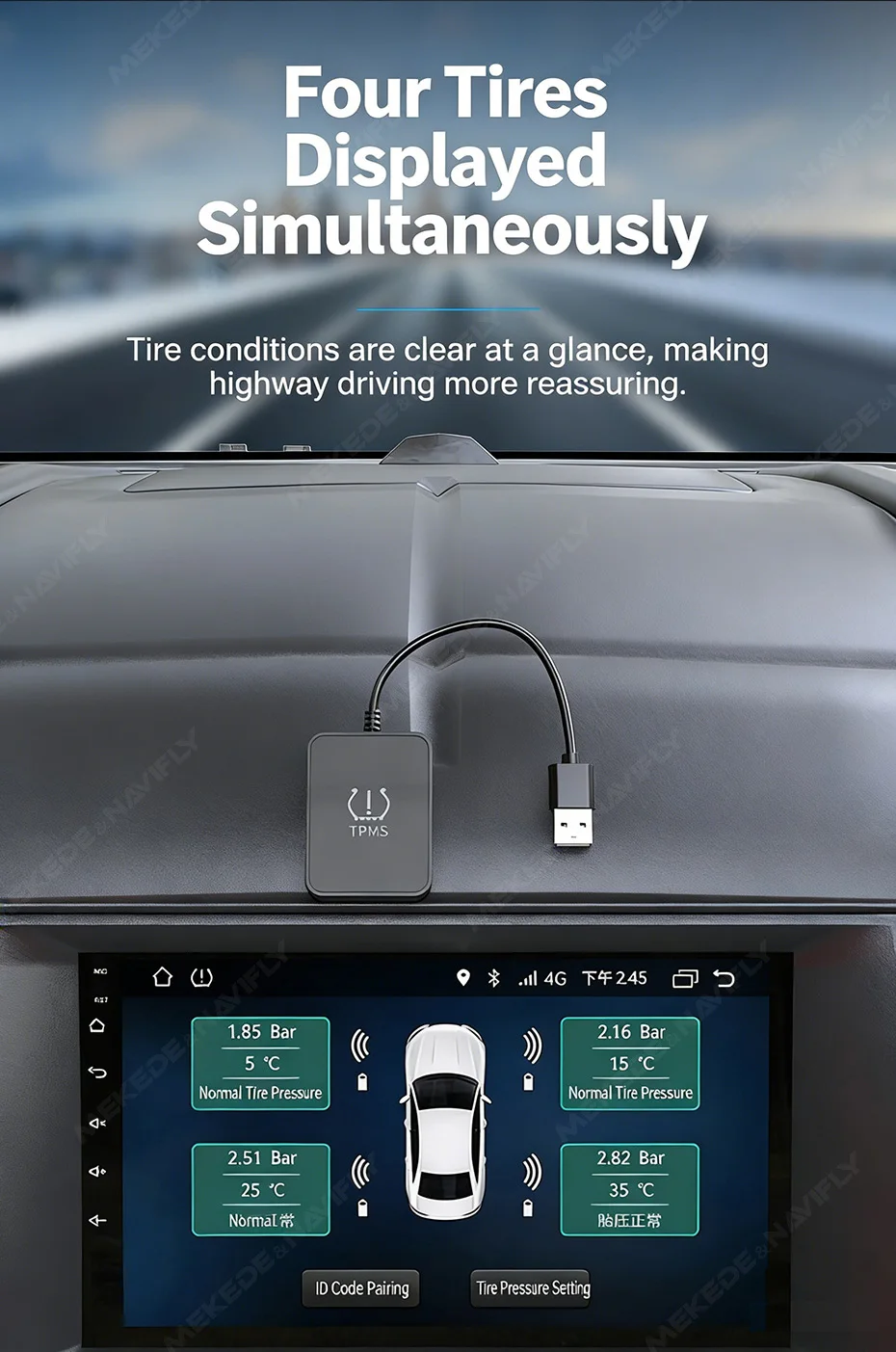 Navifly USB Android TPMS Reifendruckkontrollsystem Display Externe interne Alarmsystemsensoren für Autonavigationsradio – Detail 5