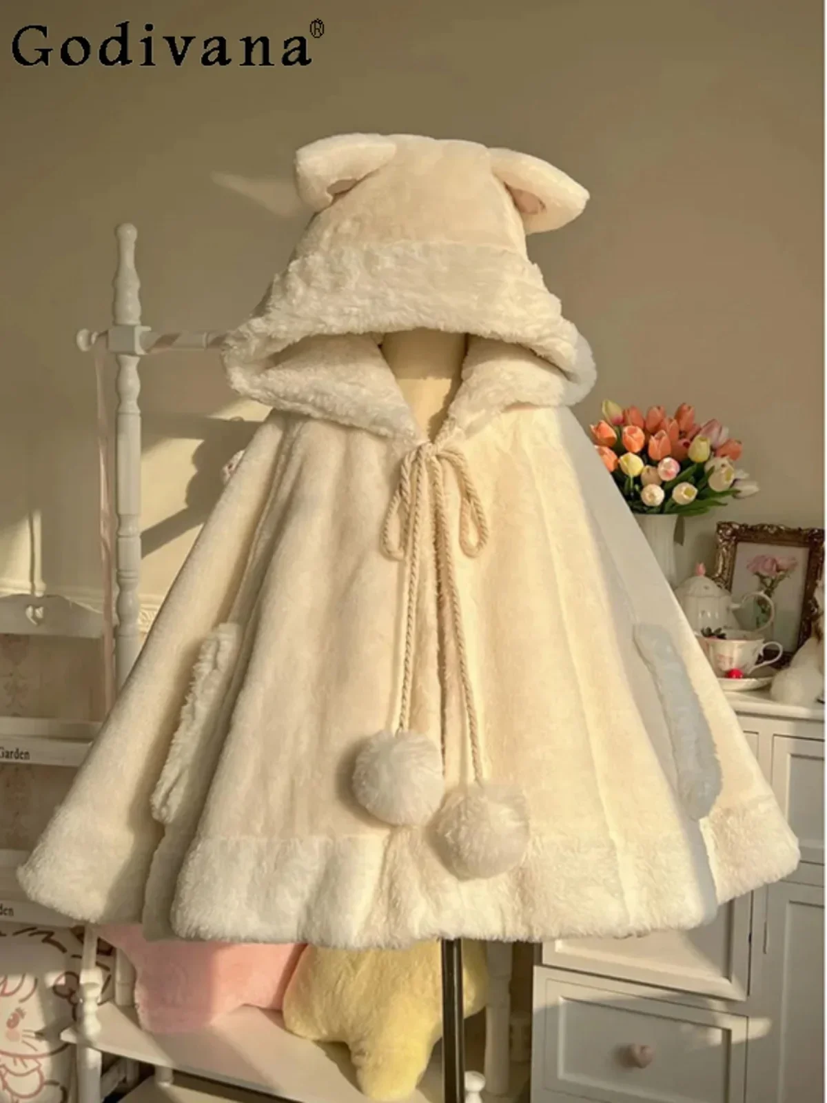 Princess Plush Sweet and Cute Cloak Woolen Coat Japanese Fresh Girlish White Hooded Coat  Poncho Women Cape