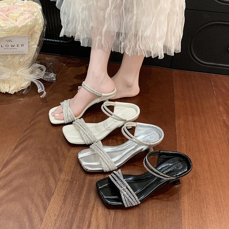 

Elegant Women's High Heels Sandals Open Toe Square Head Thin Heel Casual Style PU Lined Slip-On Slippers for Summer Outdoor