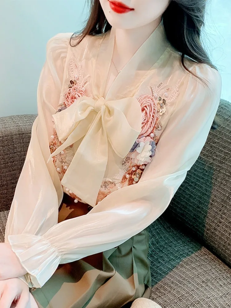 French Style White Shirt Elegant Bow Lace Up Floral Printed Blouse Women Elegant Long Sleeve Top Blusas Femininas