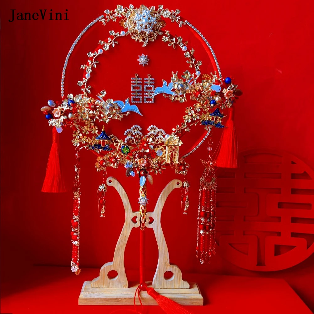 JaneVini Chinese Red Bridal Bouquets Fan Long Handle Handmade Flower Beaded Fashion Double Sided Fan Jewelry Wedding Accessories