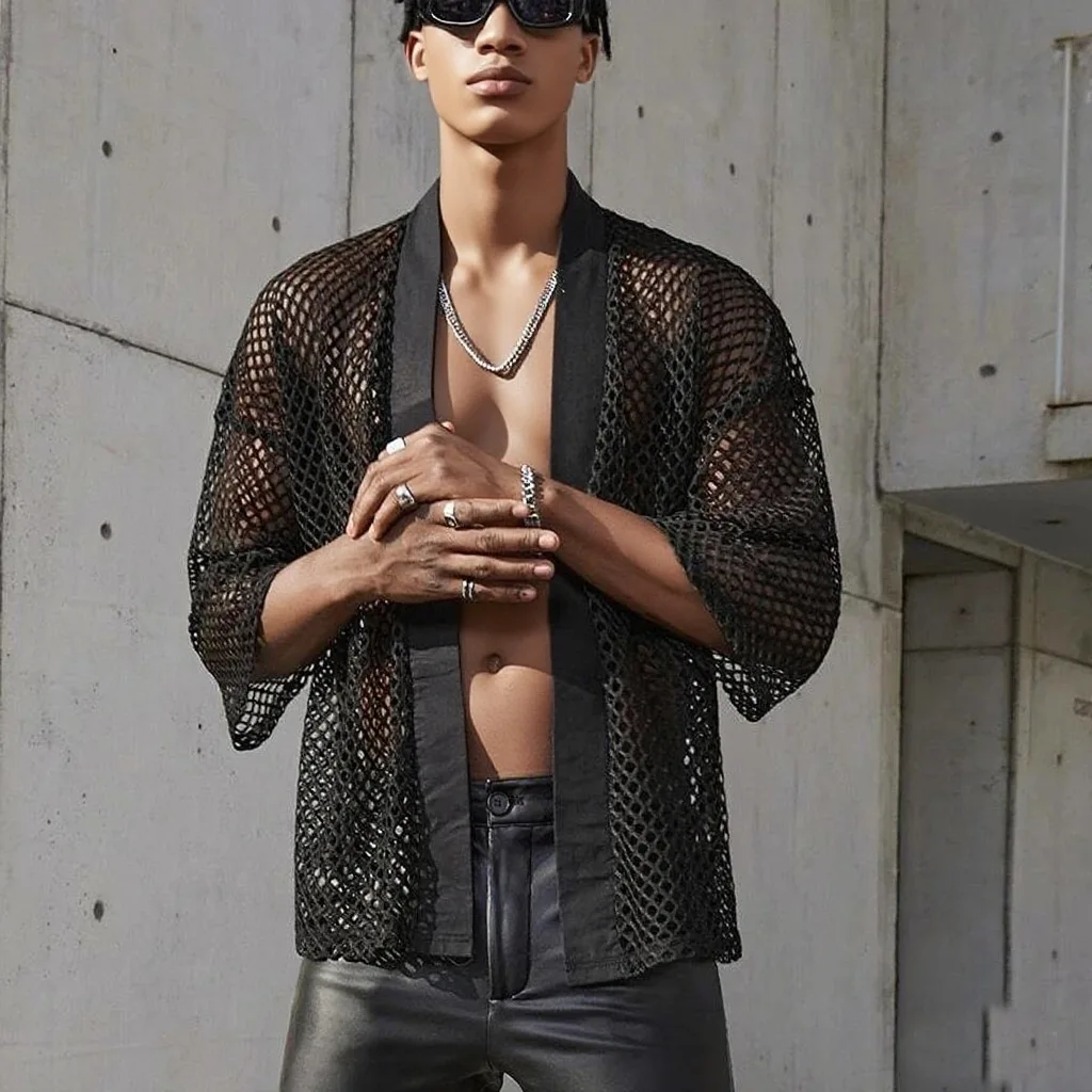 

Мужская ажурная футболка, сексуальный сетчатый кардиган-накидка, модная мужская одежда для выступлений, топ-рубашка