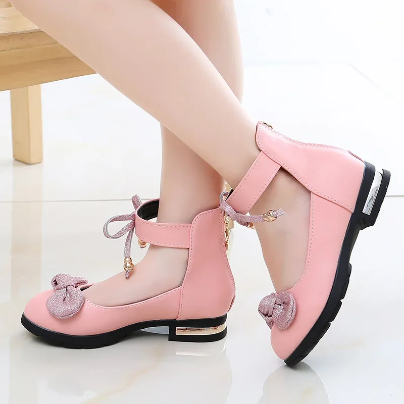 Girls Leather Shoes Low Heel Princess Dress Shoes for Wedding Fashion Bowknot High Top Kids Shoes Soft Sole Comfort Single Shoes