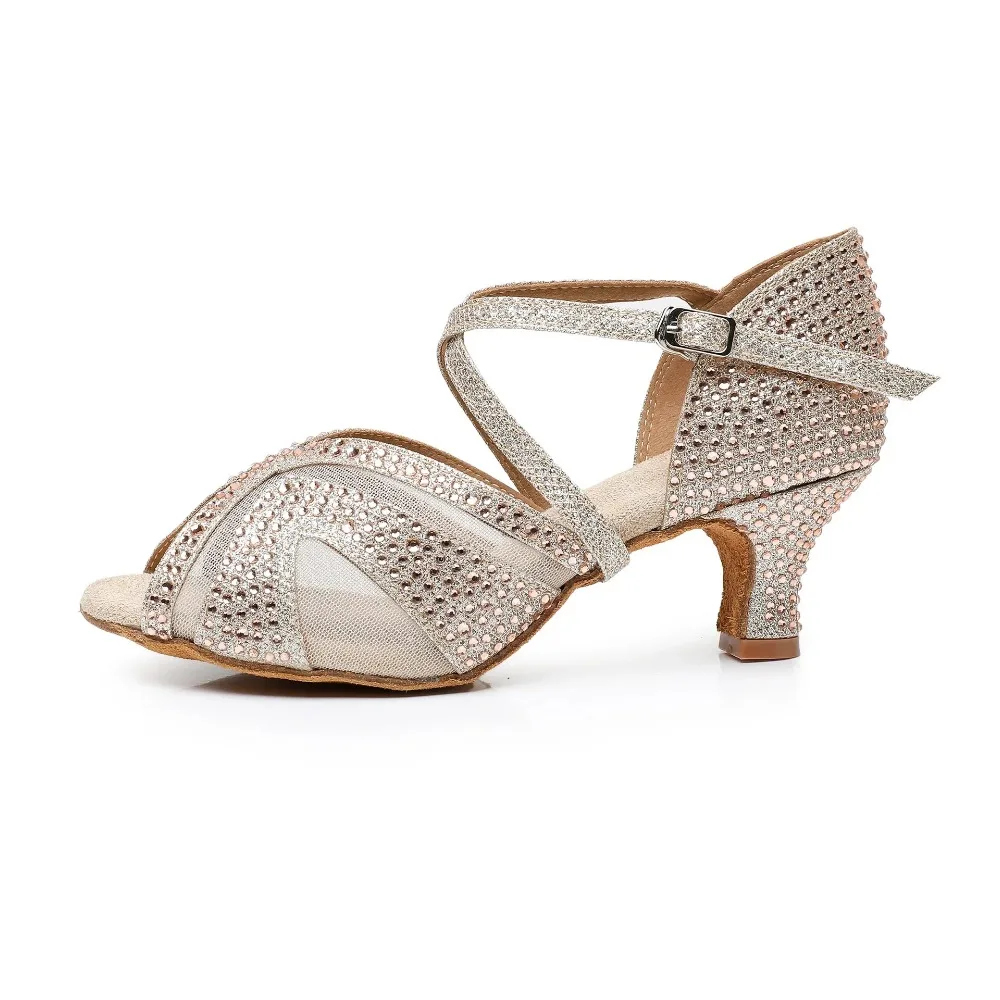 Latin Dance Shoes Adult Women Salsa Tango Training Dance Footwear High Heel Sandals Black Silver For Competition Stage Performan