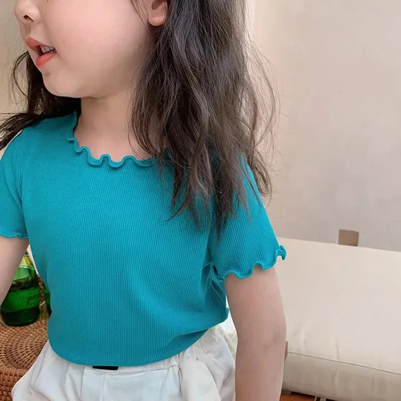2026 Girls' Casual Ice Silk Short-Sleeve T-Shirt, New Korean Style Children's Ruffled Top, Solid Color, Simple and Versatile