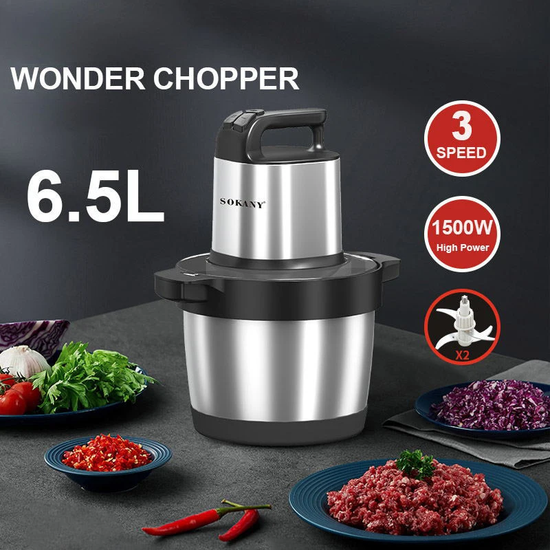 1500W Electric Food Chopper, 6.5L Stainless Steel Meat Grinder, 3-Speed Blender with 2 Blades for Kitchen