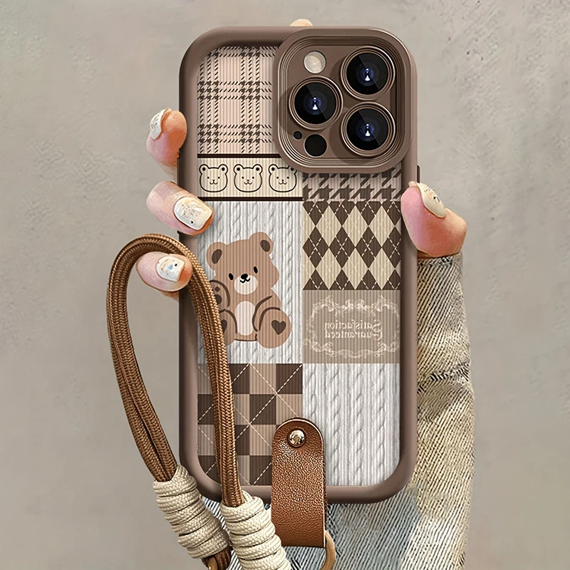 Gittermuster-Bären-Hängeband-Handyhülle für iPhone 18 17 16 15 14 Pro Max 13 12 11 Pro XS X XR 7 Plus SE Stoßfeste Weiche Hülle – Detail 5