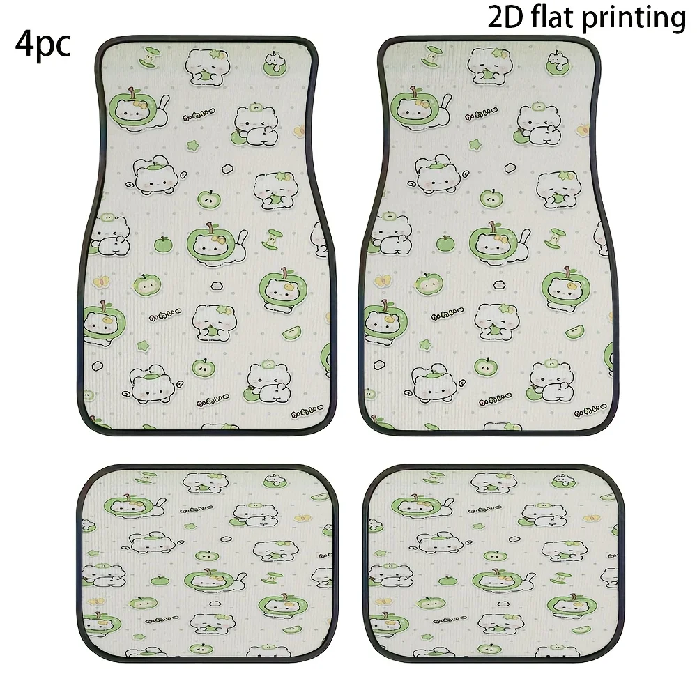 4pcs Car Floor Mats, Green Apple Cat Cartoon Pattern, Material, Universal Car Mats, Suitable For All Seasons, Interior Accessori
