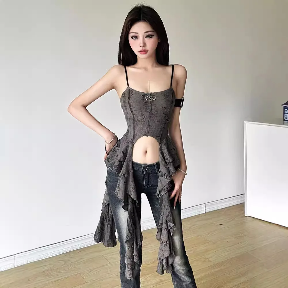 Summer Sweet and Spicy Girl Style Ruined Wasteland Style Handcrafted Faded Strap Women's Ruffled Hem Spliced Unique Top