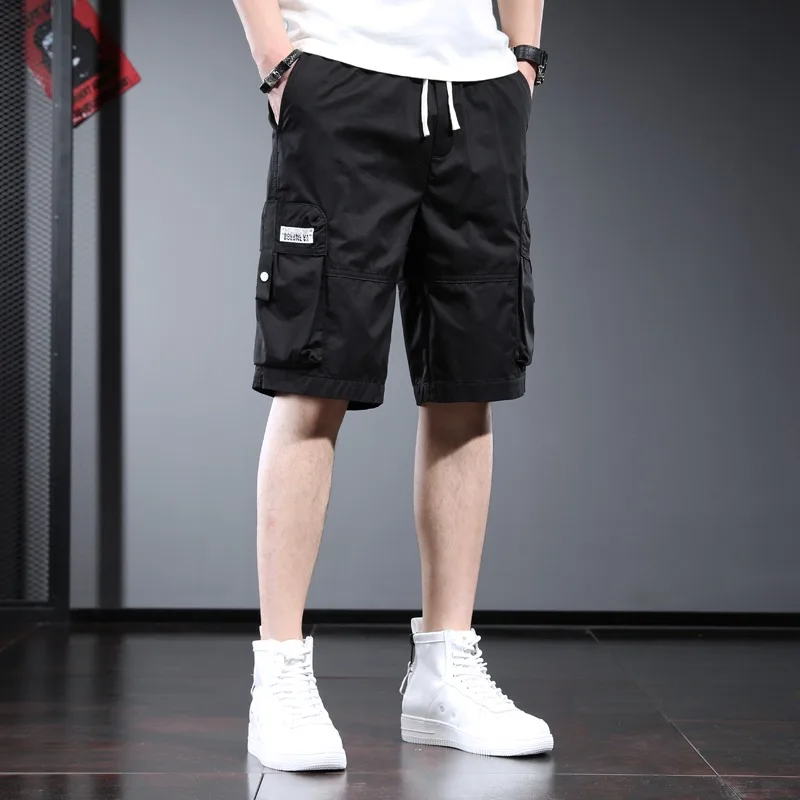 

Baggy Cargo Shorts Men Fashion Korean Black Cotton Loose Straight Summer Casual Knee Length Pants