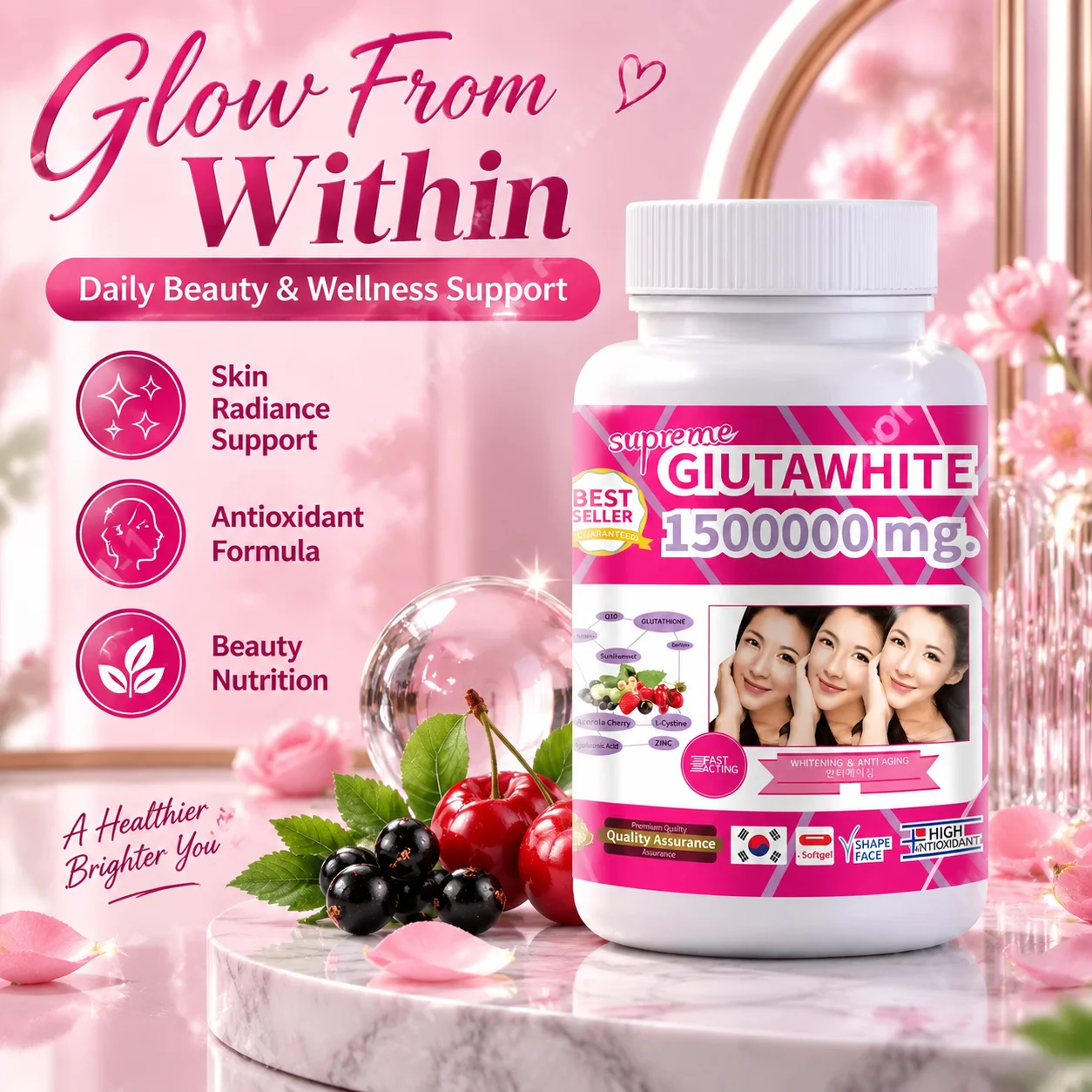1500000mg Glutathione Capsules with Vitamin C Biotin Zinc Acerola Cherry for Whitening Skin Boost Up Tighten Pore 60Count