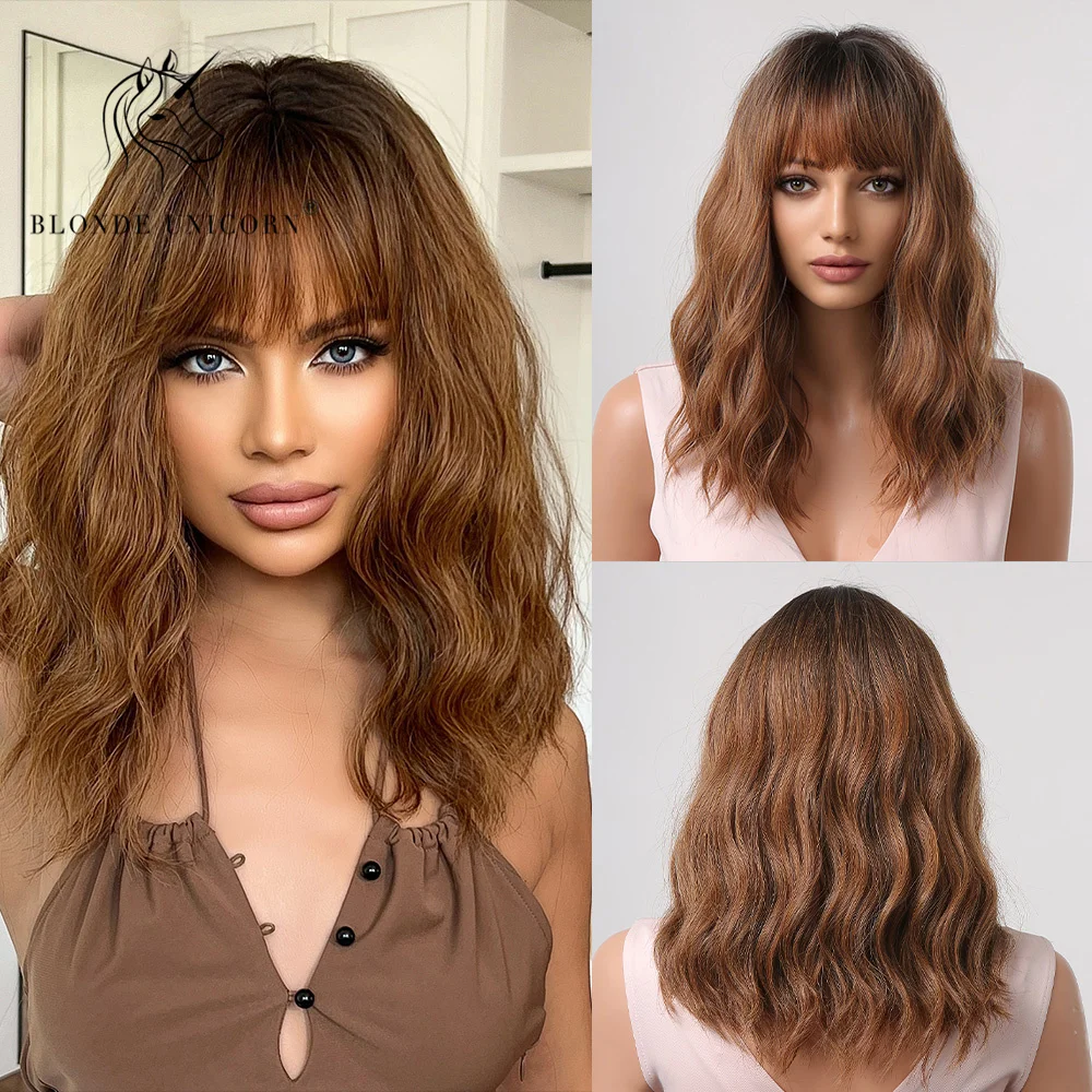 

Blonde Unicorn Brown Short Bob Wigs with Bangs For Women Daily Party Cosplay Lolita Natural Hair Synthetic Heat Resistant Fiber