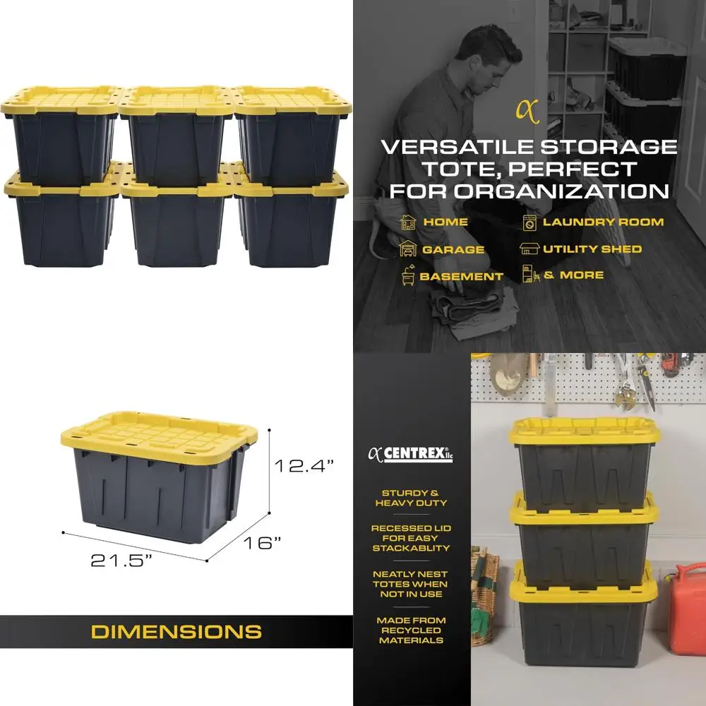 Robuster 12-Gallonen-Aufbewahrungsbehälter mit festem Deckel, Schwarz und Gelb, wetterbeständiges Design, 12,51 H x 16,3 B x 21,8 T