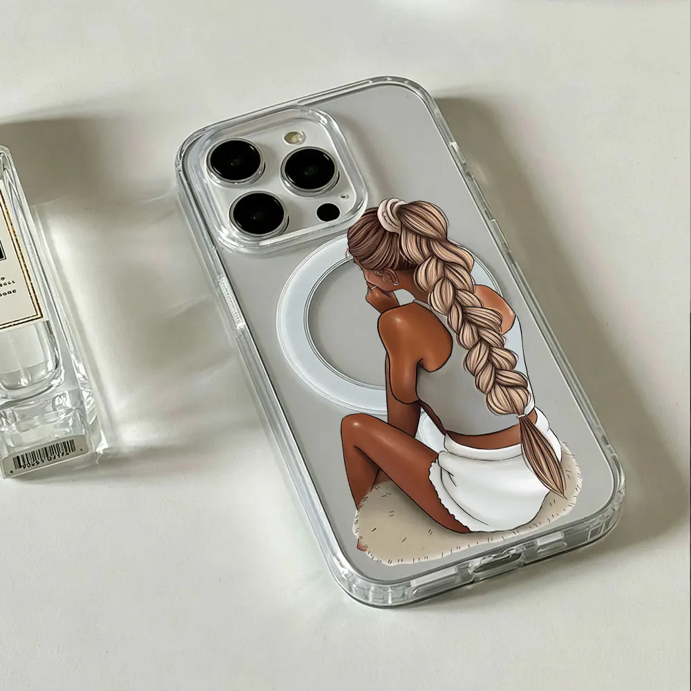 Coque de téléphone transparente magnétique MagSafe pour femme à la mode, compatible avec iPhone 17 16 15 14 13 12 11 Pro XS Max Plus Air 17e 16e