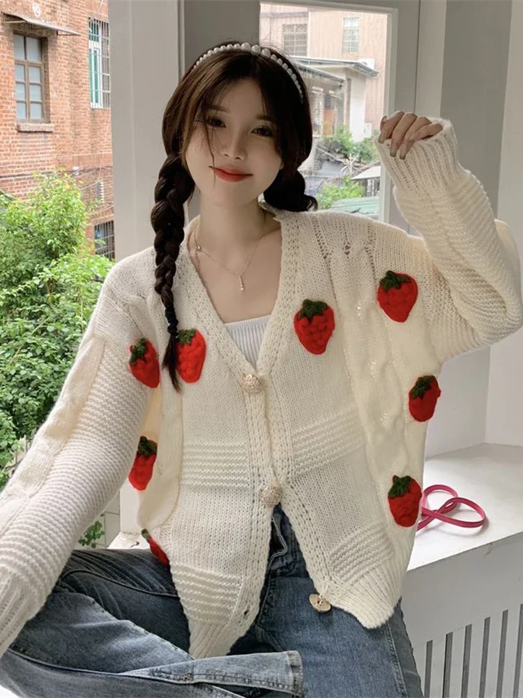 Strawberry Cardigan Sweaters Women Sweet Loose Long Sleeve Casual Cardigan Coat Korean Preppy Style Knitted Outwear