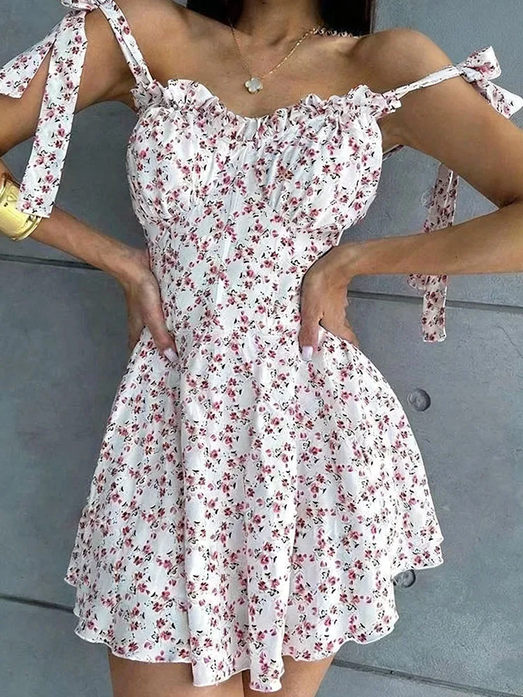 Été Sexy Spice Girl taille rétro sans manches Vintage robe trapèze esthétique angleterre loisirs Floral léopard à lacets jupe à bretelles