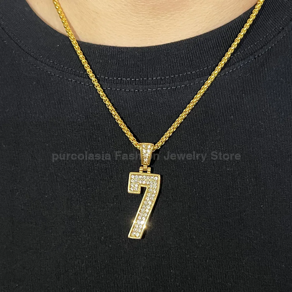 Number 7 Stainless Steel Gold Plated Lucky Pendant Necklaces for Men Clavicle Chain Waterproof No Rusted Jewelry