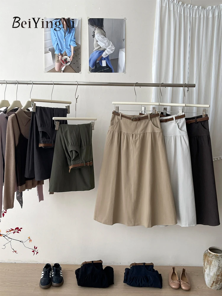 Beiyingni Autumn Korean High Waist Skirts Women Casual Plain Black OL A-line Midi Skirt Female French Elegant Retro Cargo Skirt