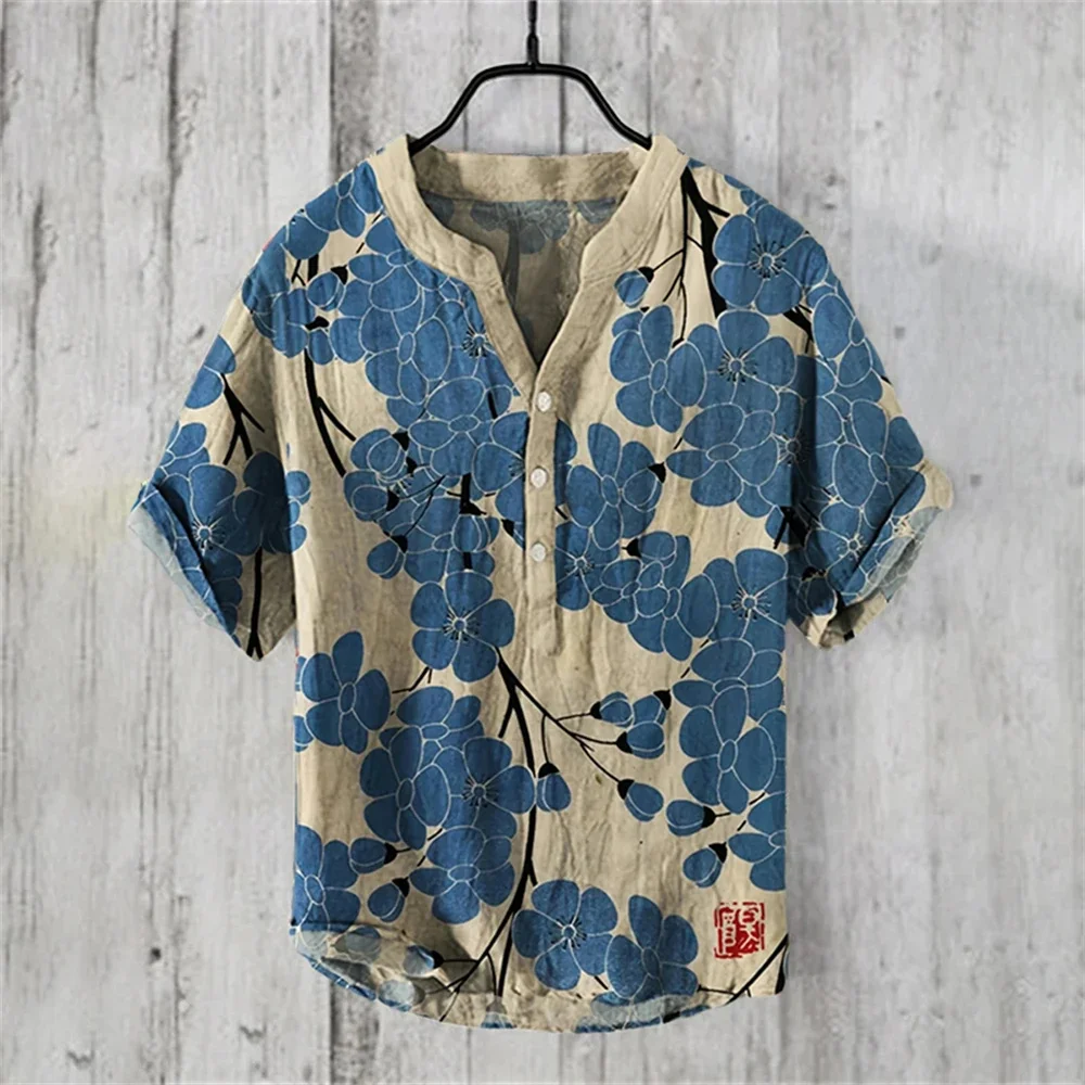 Summer men's short-sleeved V-neck short-sleeved linen printed shirt European and American popular elements large size shirt