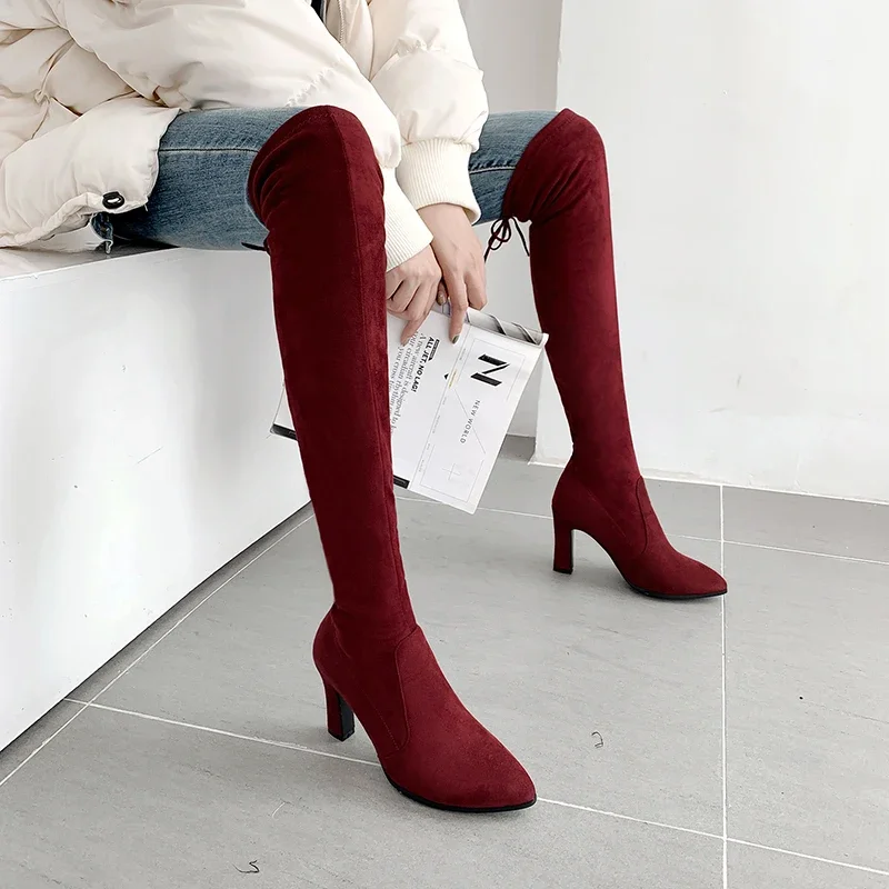 2025 botas de Mujer de moda Primavera Invierno tacones por encima de la rodilla gamuza de calidad botines cuadrados cómodos largos Mujer botas altas hasta el muslo 32-43