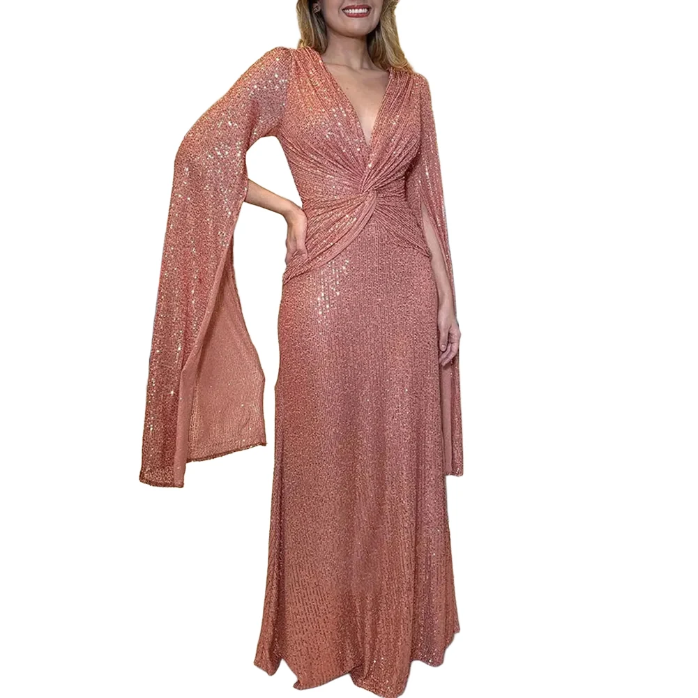 Damska seksowna sukienka maxi z głębokim dekoltem w serek, cekinami, elegancka, długa, modna, damska, seksowna, z drapowanymi rękawami.