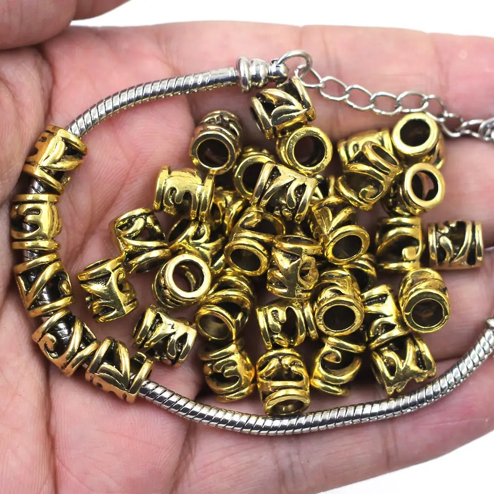 Antique Gold Tone Flower Hollow Spacer European Beads Perles Perlas Fit Snake Chain Bracelets Charms DIY 8x7mm