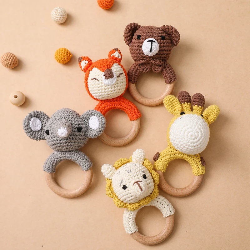 Let's Make 1PC Crochet Animal Rattle Soother Bracelet Wooden Teether Baby Product Mobile Pram Crib Ring Wooden Toys Newborn Gift