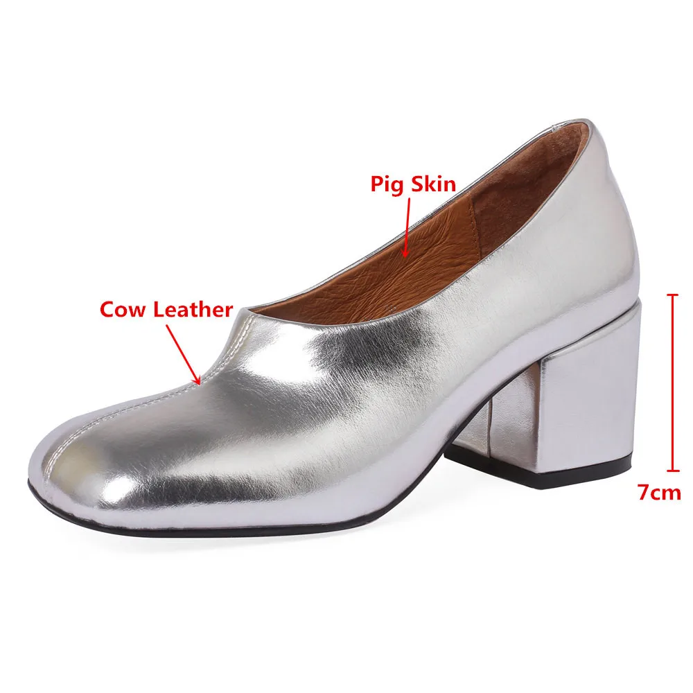 MILI-MIYA Fashion Square Toe Women Cow Leather Sliver Pumps Thick Heels Slip On Solid Color Big Size 34-42 Spring Autumn Shoes